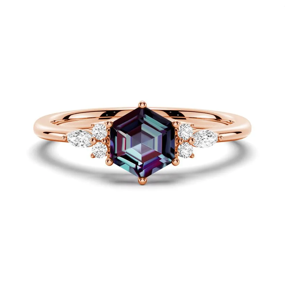 1.5 CT. Hexagon Cut Unique Alexandrite Engagement Ring With Moissanite Accents