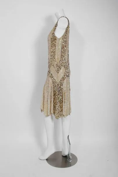 1920's French Couture Champagne Golden Beaded Sequin Art-Deco Flapper Dress