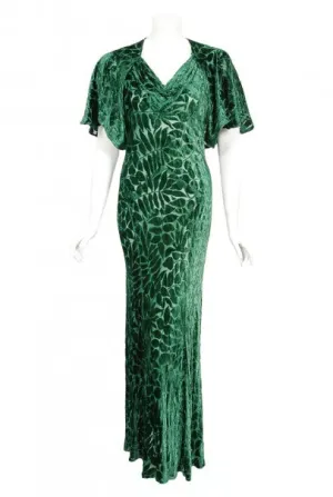 1930's Emerald Green Leaf Motif Sheer Silk Velvet Bias-Cut Gown & Bolero