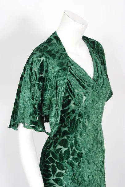 1930's Emerald Green Leaf Motif Sheer Silk Velvet Bias-Cut Gown & Bolero