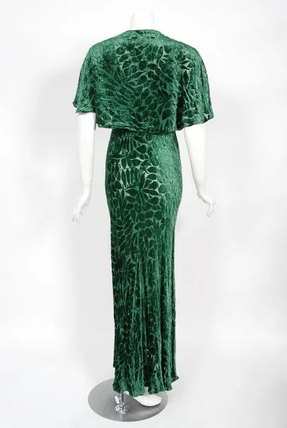 1930's Emerald Green Leaf Motif Sheer Silk Velvet Bias-Cut Gown & Bolero