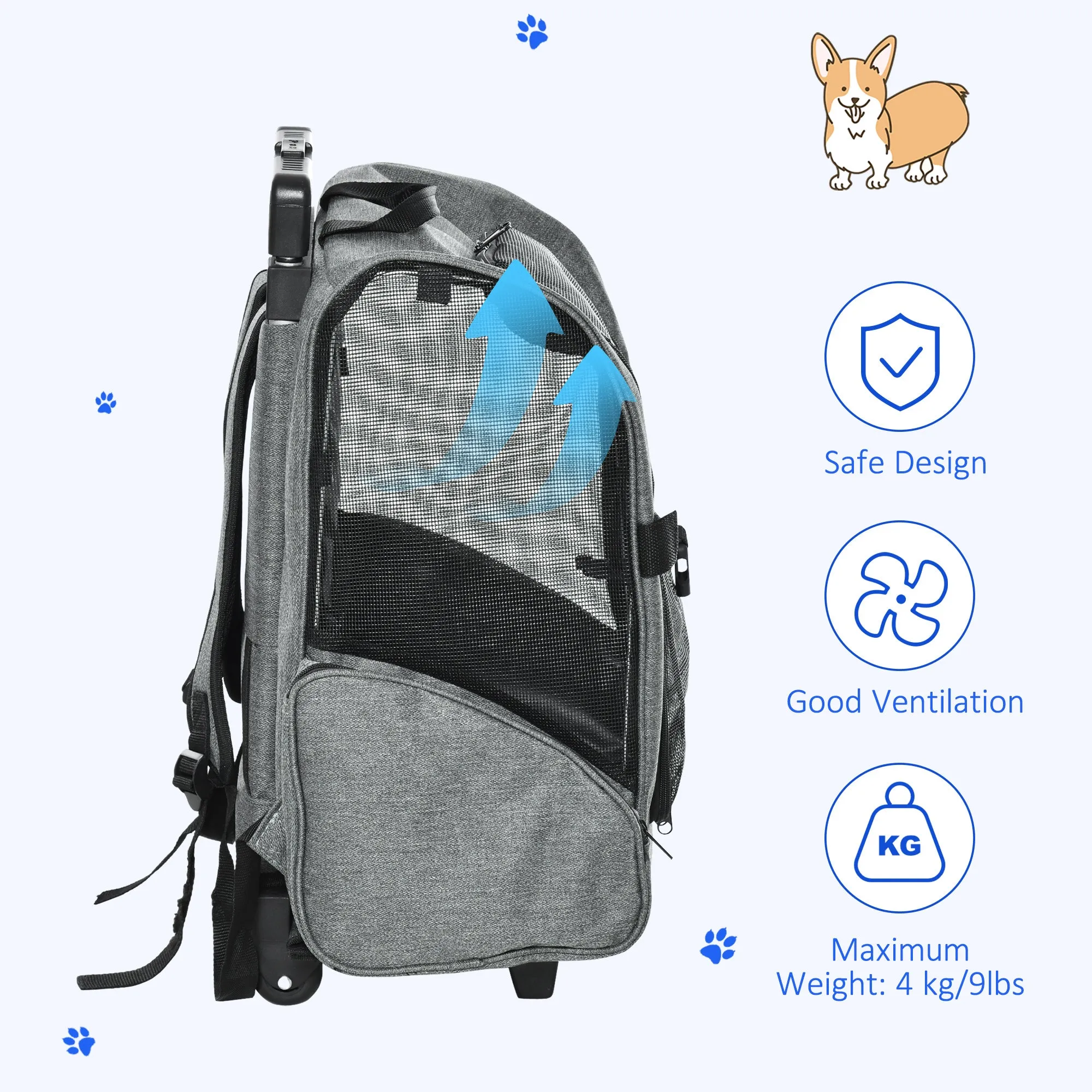 2-In-1 Cat Carrier Backpack w/ Trolley Portable Travel Bag, 42L x 25W x 55H cm - Grey