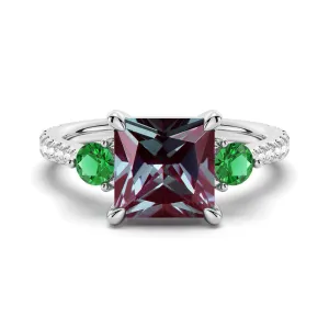 3 CT. Princess Cut Alexandrite Engagement Ring With Emerald Side Stones