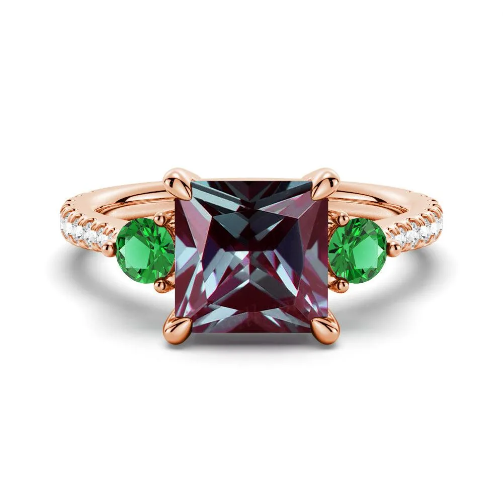 3 CT. Princess Cut Alexandrite Engagement Ring With Emerald Side Stones