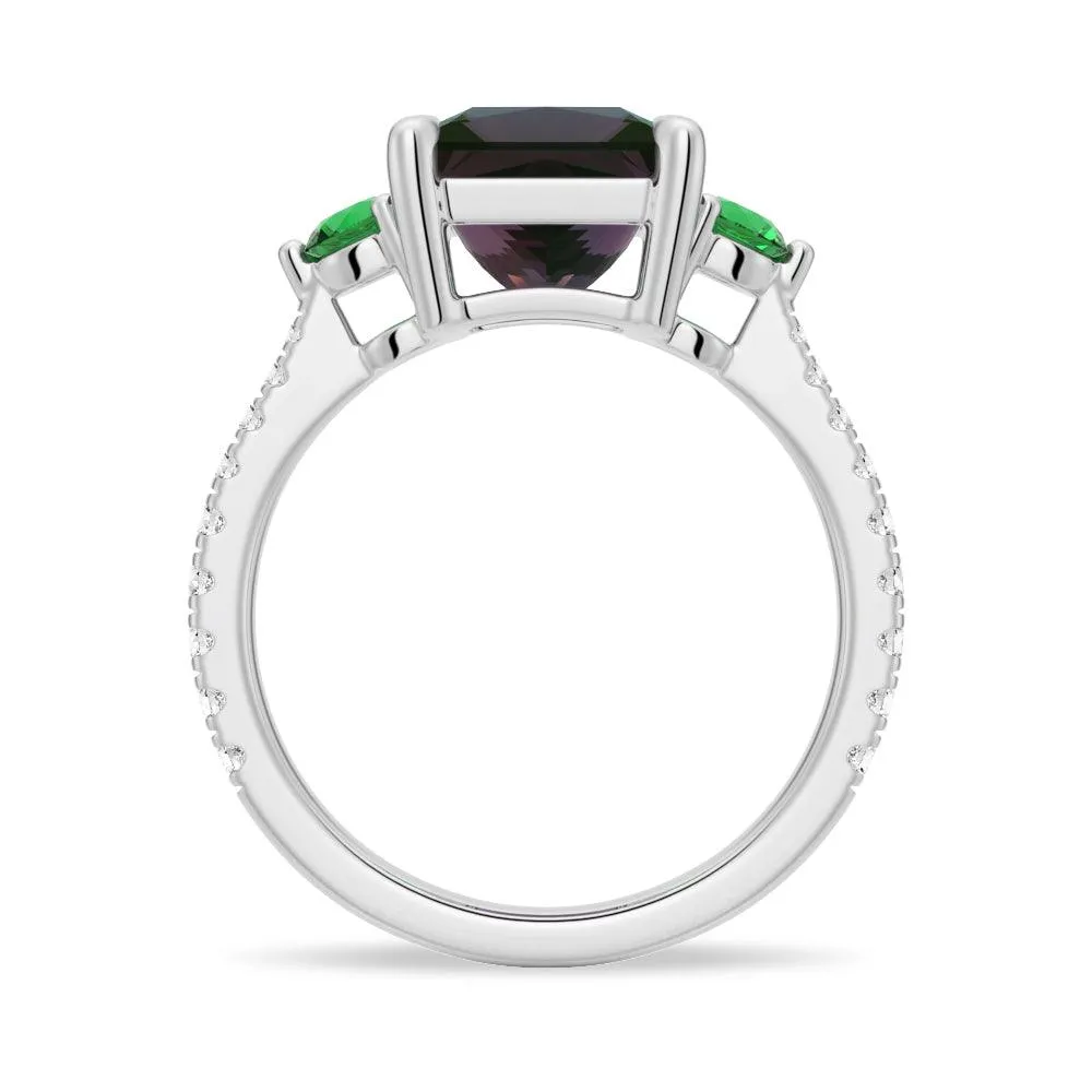 3 CT. Princess Cut Alexandrite Engagement Ring With Emerald Side Stones