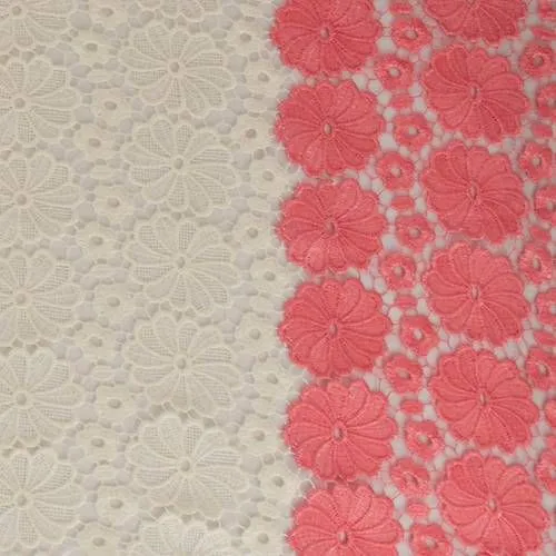 3 YD PC-Cream White/Coral Floral Lace Fabric