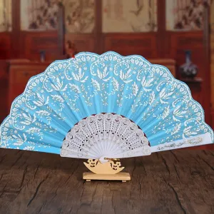 4930 Hand Folding Fan, Chinese Vintage Style Handheld Fan with Fabric Sleeve