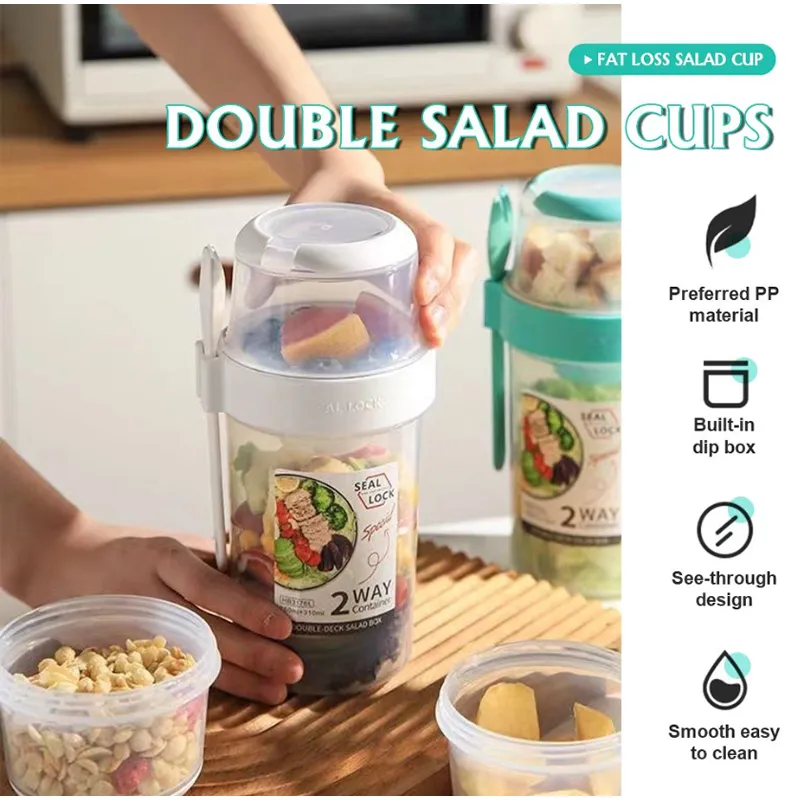 760ml   310ml Double Layer Portable Plastic Salad Cup with Spoon HD-20 WHITE