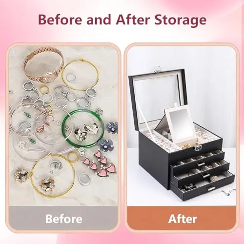 ASINGYER Jewelry Box with Glass Lids,4 Layer Clear Top Jewelry Boxes with Lock for Women, Jewelry Holder Organizer for Necklace, Bracelet, Earrings,Storage Gifts for Women (Black)