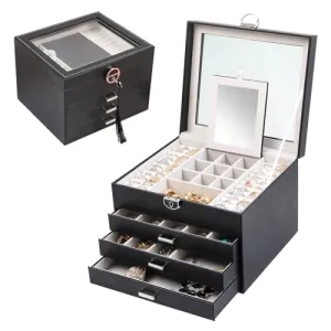 ASINGYER Jewelry Box with Glass Lids,4 Layer Clear Top Jewelry Boxes with Lock for Women, Jewelry Holder Organizer for Necklace, Bracelet, Earrings,Storage Gifts for Women (Black)