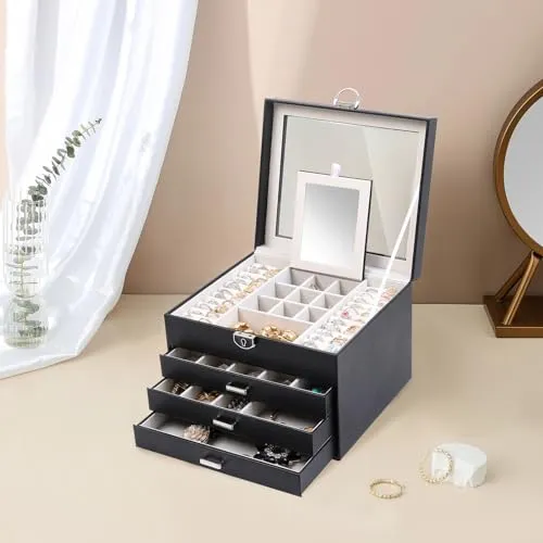 ASINGYER Jewelry Box with Glass Lids,4 Layer Clear Top Jewelry Boxes with Lock for Women, Jewelry Holder Organizer for Necklace, Bracelet, Earrings,Storage Gifts for Women (Black)