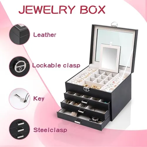 ASINGYER Jewelry Box with Glass Lids,4 Layer Clear Top Jewelry Boxes with Lock for Women, Jewelry Holder Organizer for Necklace, Bracelet, Earrings,Storage Gifts for Women (Black)