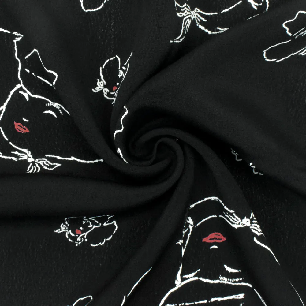 Basic Black-White-Red Cow Girl Printed Rayon Crepe Faille Woven Fabric