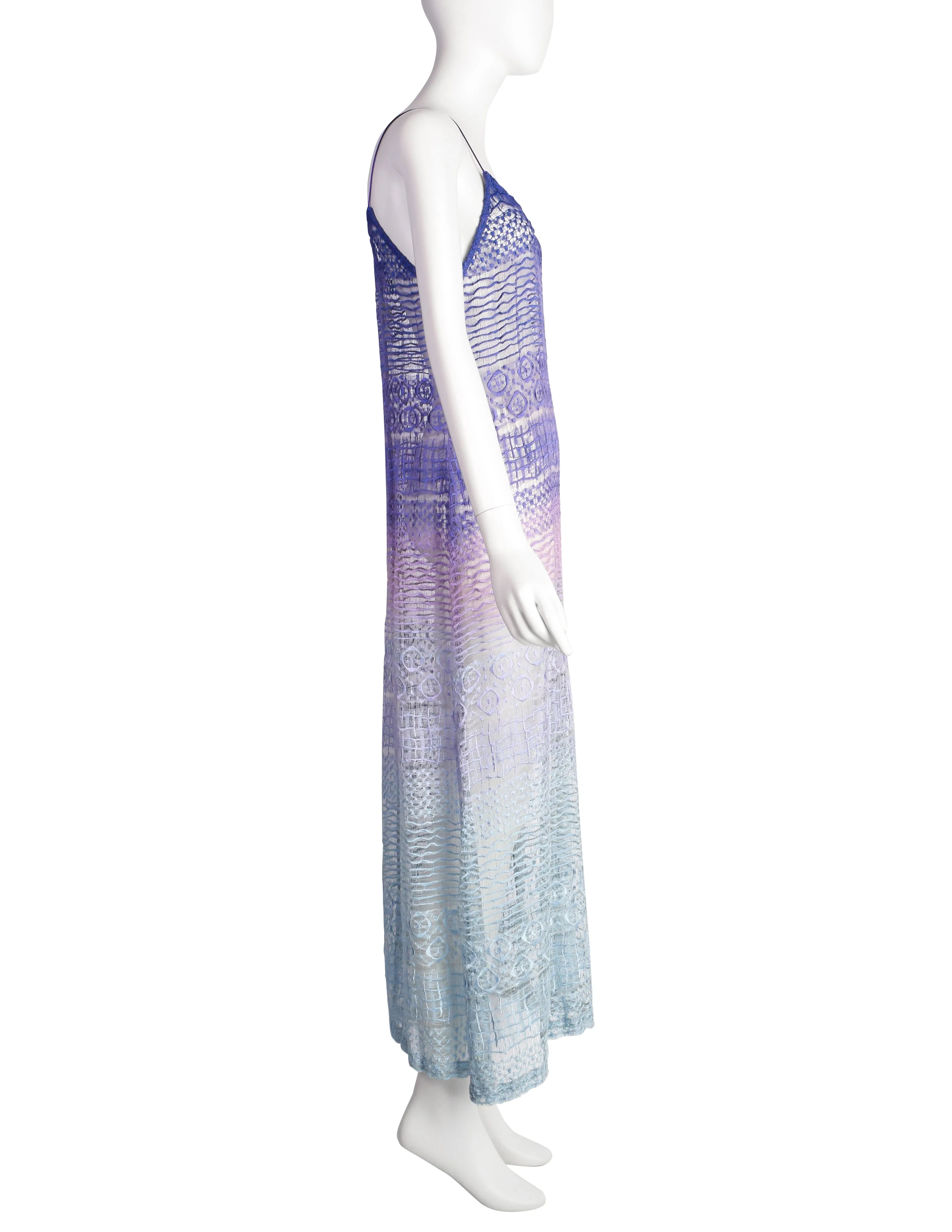 Berit Steffin Vintage 1990s Stunning Pastel Purple Blue Ombre Embroidered Net Maxi Dress