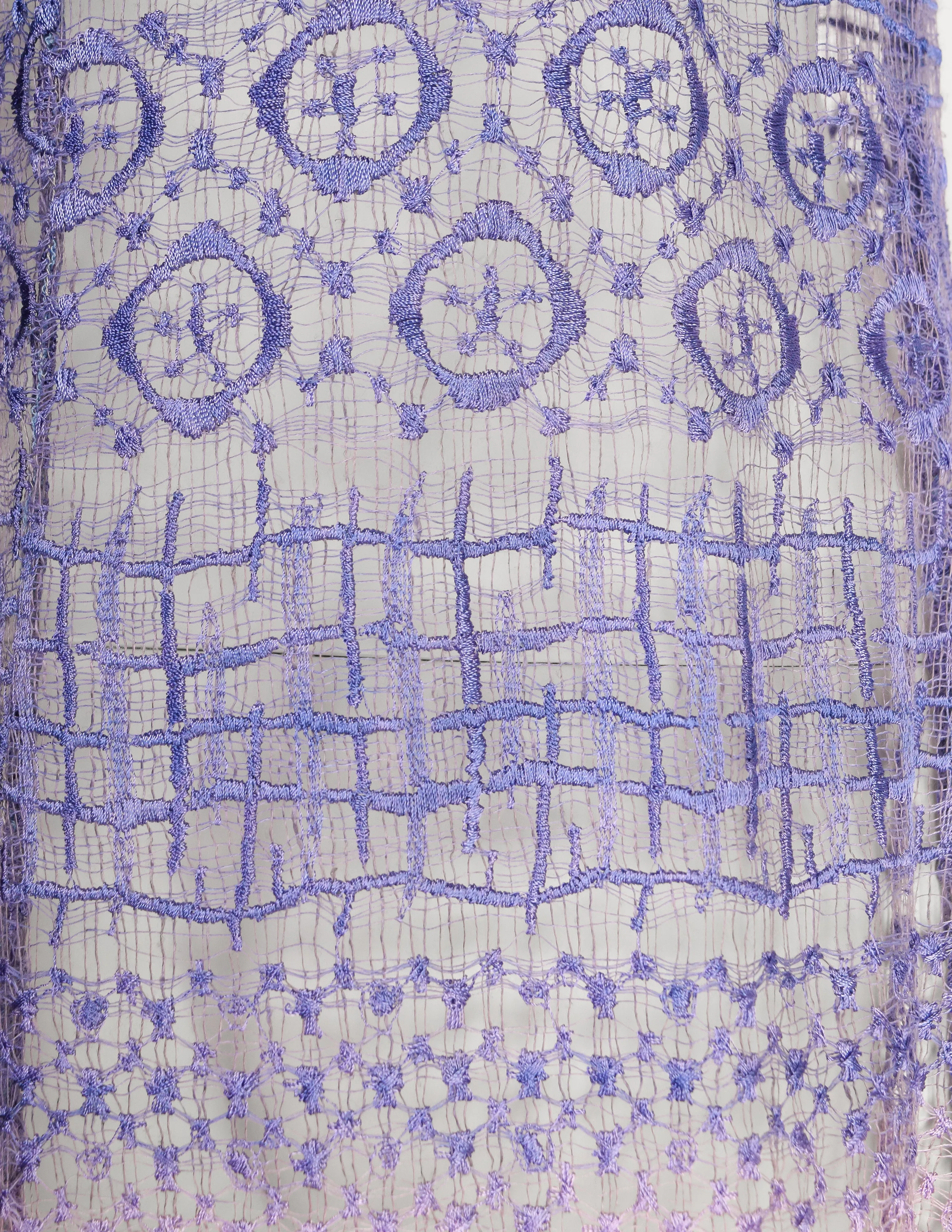 Berit Steffin Vintage 1990s Stunning Pastel Purple Blue Ombre Embroidered Net Maxi Dress