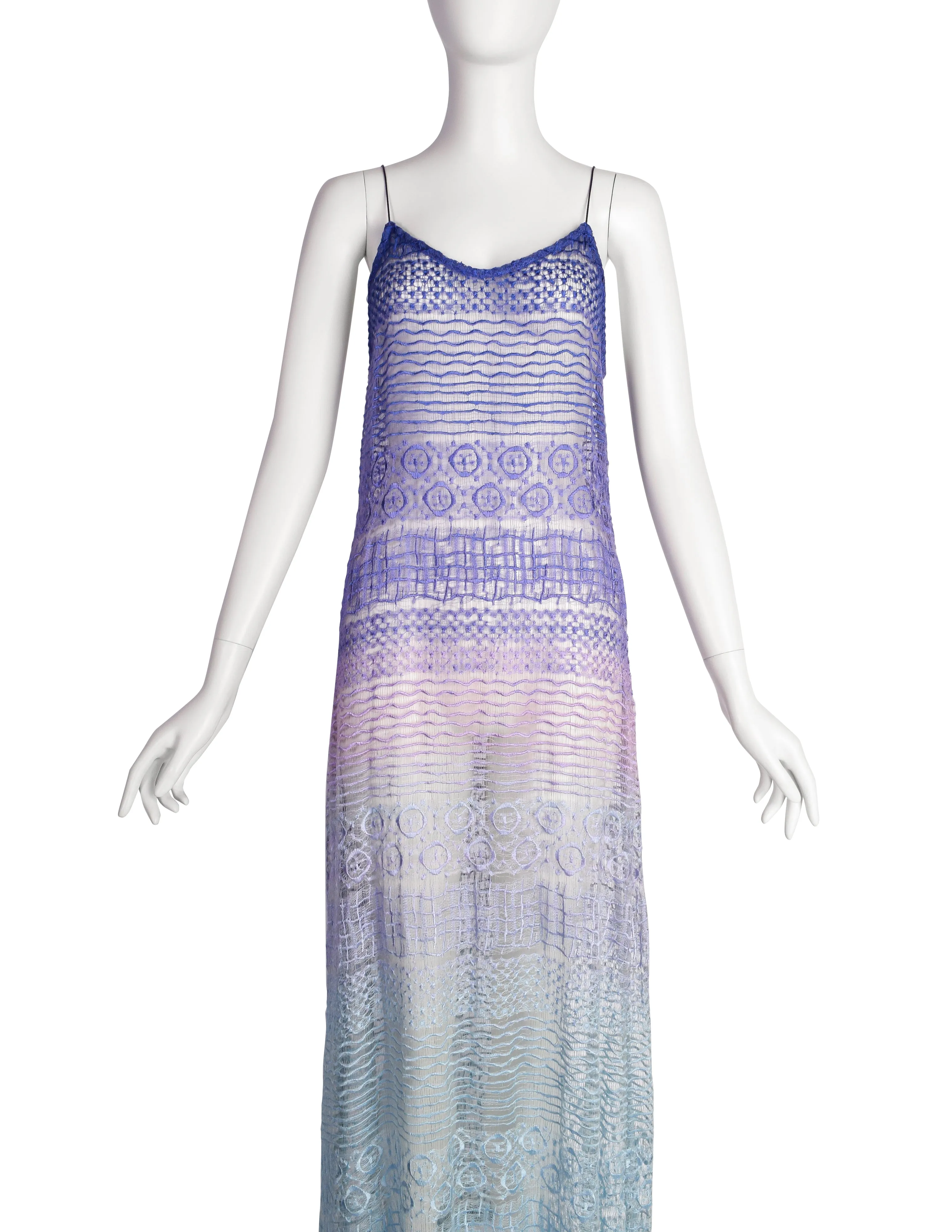 Berit Steffin Vintage 1990s Stunning Pastel Purple Blue Ombre Embroidered Net Maxi Dress