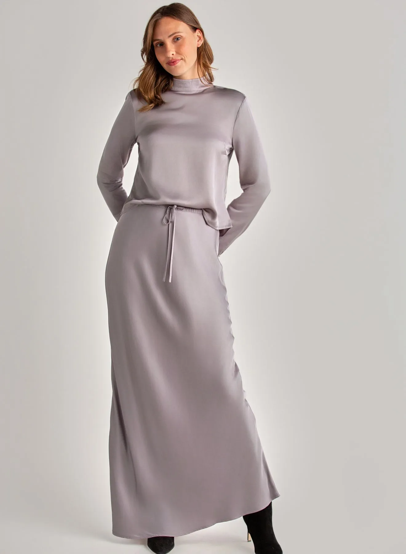 Bias Satin Skirt with Tie - Glacier Grey