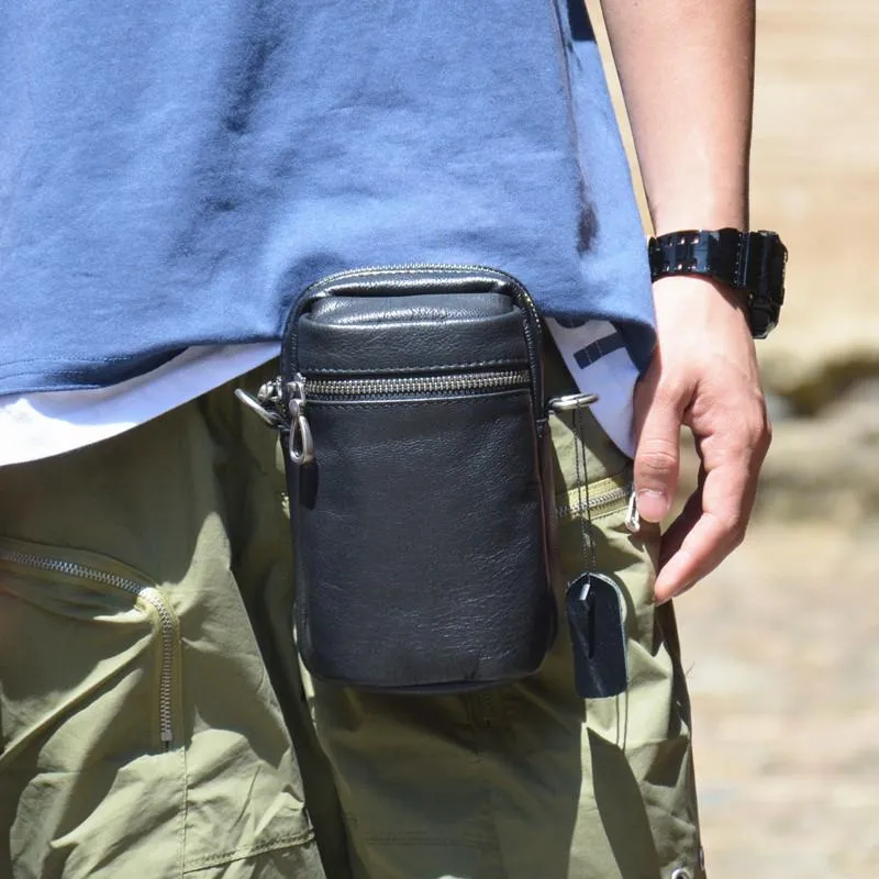 Black LEATHER MEN'S Small Belt Pouch Mini Side bag Vertical Phone Bag MESSENGER BAG Waist Bag FOR MEN