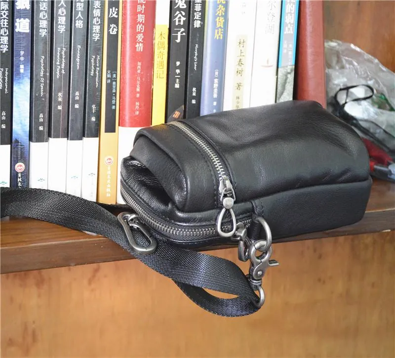 Black LEATHER MEN'S Small Belt Pouch Mini Side bag Vertical Phone Bag MESSENGER BAG Waist Bag FOR MEN