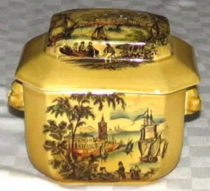 Black Polychrome Transferware Tea Caddy Safe Harbour Ship Scene Figural Face Shaped Handles Lidded Jar