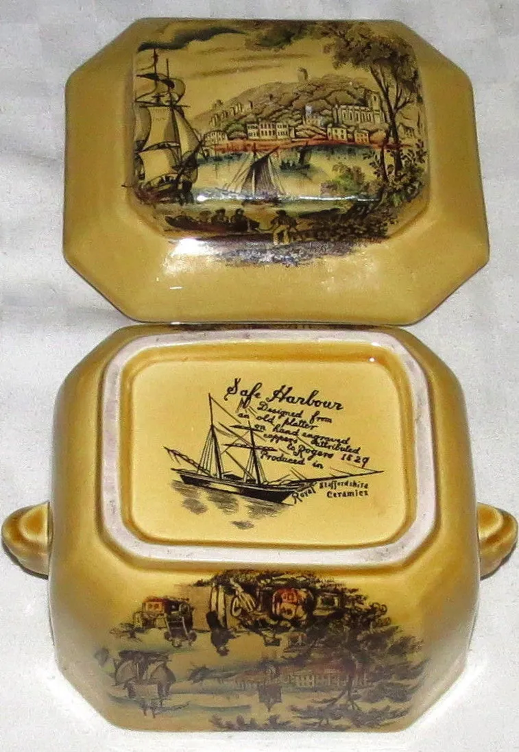 Black Polychrome Transferware Tea Caddy Safe Harbour Ship Scene Figural Face Shaped Handles Lidded Jar