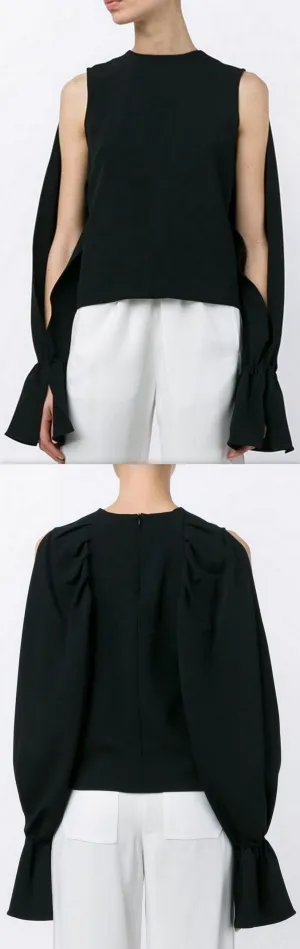 Black Split-Sleeve Flared-Cuff Top