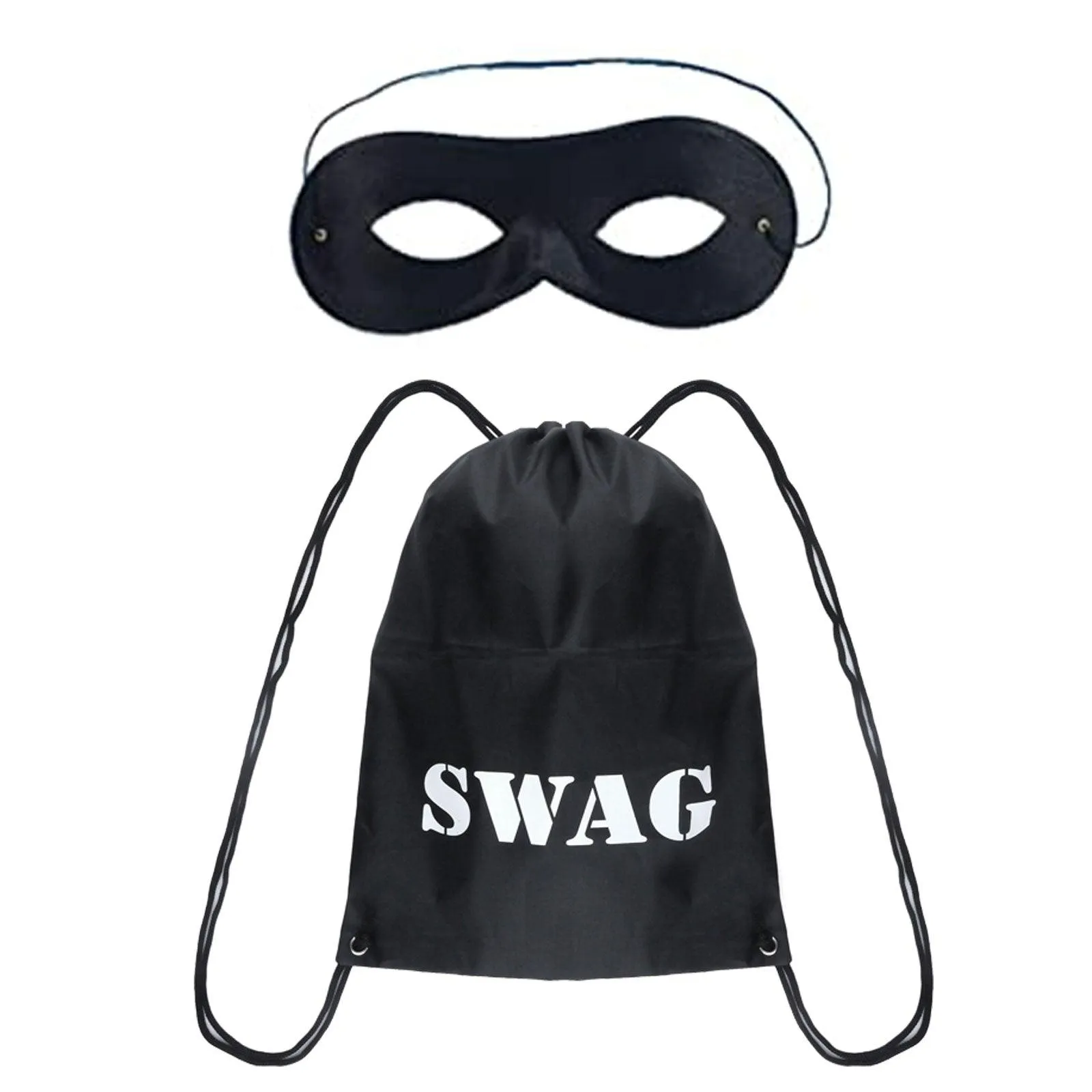 Black Swag Bag with Domino Eye Mask Kit - Unisex Cops and Robbers Burglar Thief Villain Convict World Book Day Set