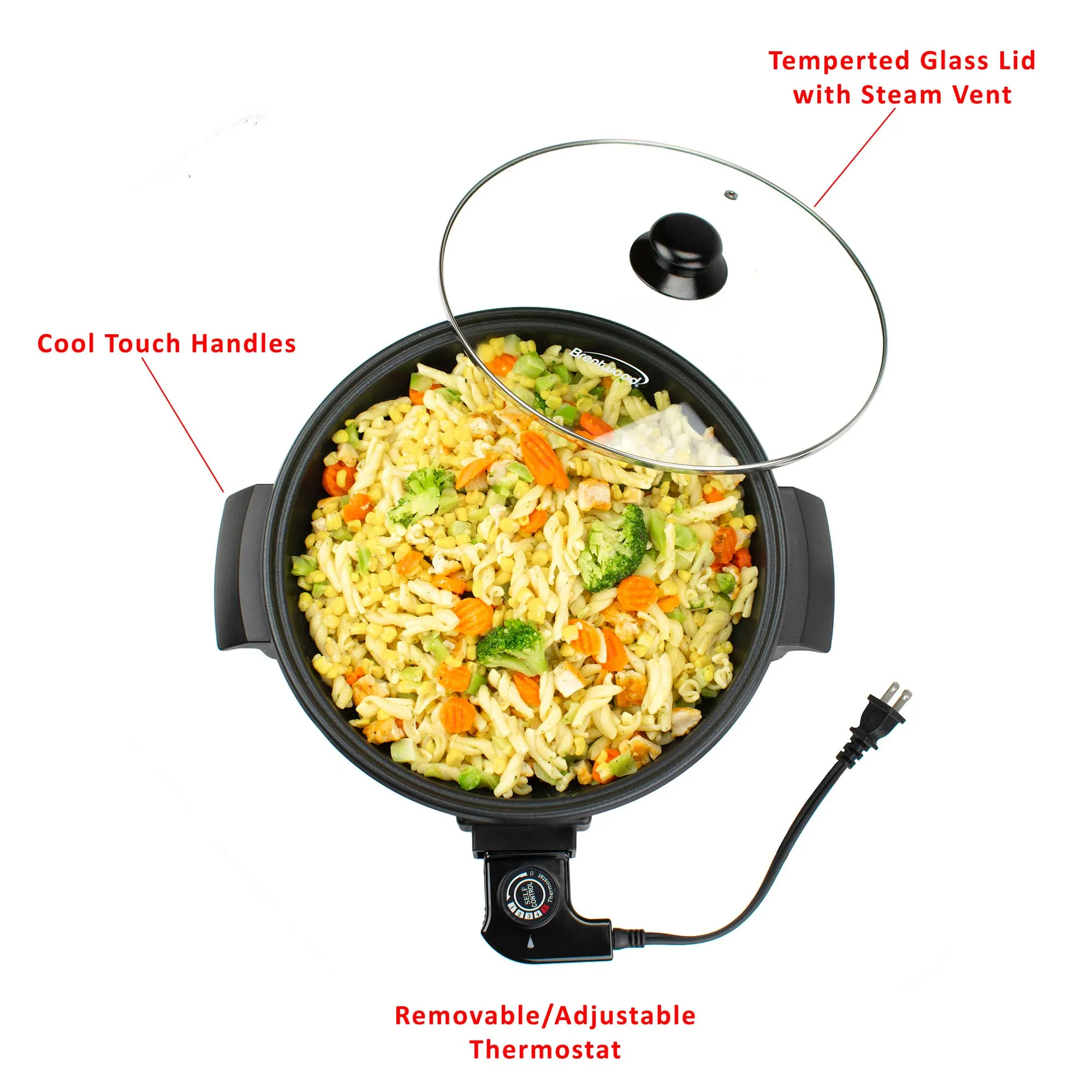 Brentwood SK-67BK 12-Inch Round Non-Stick Electric Skillet with Vented Glass Lid, Black