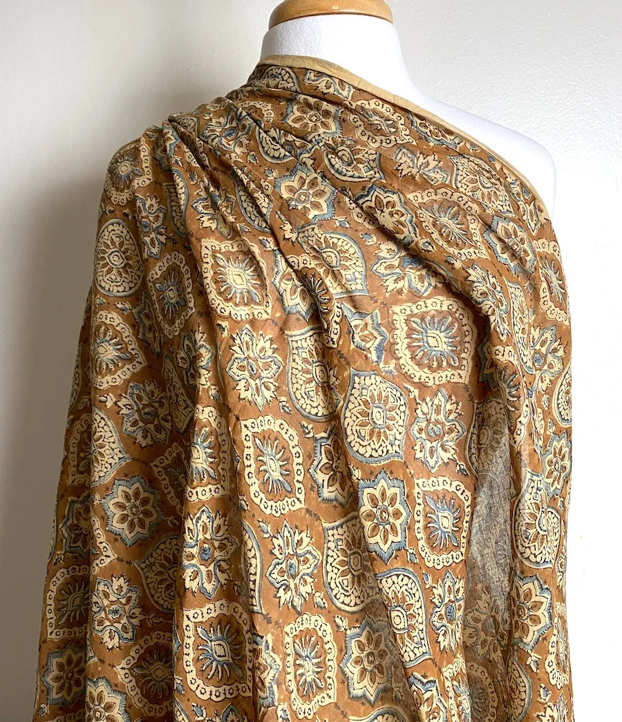 Brown/Blue/Tan Traditional Hand Block Print from India, Vegetable Dyes, Cotton, PIECE 45" x 2.75 Yards  #TK-32