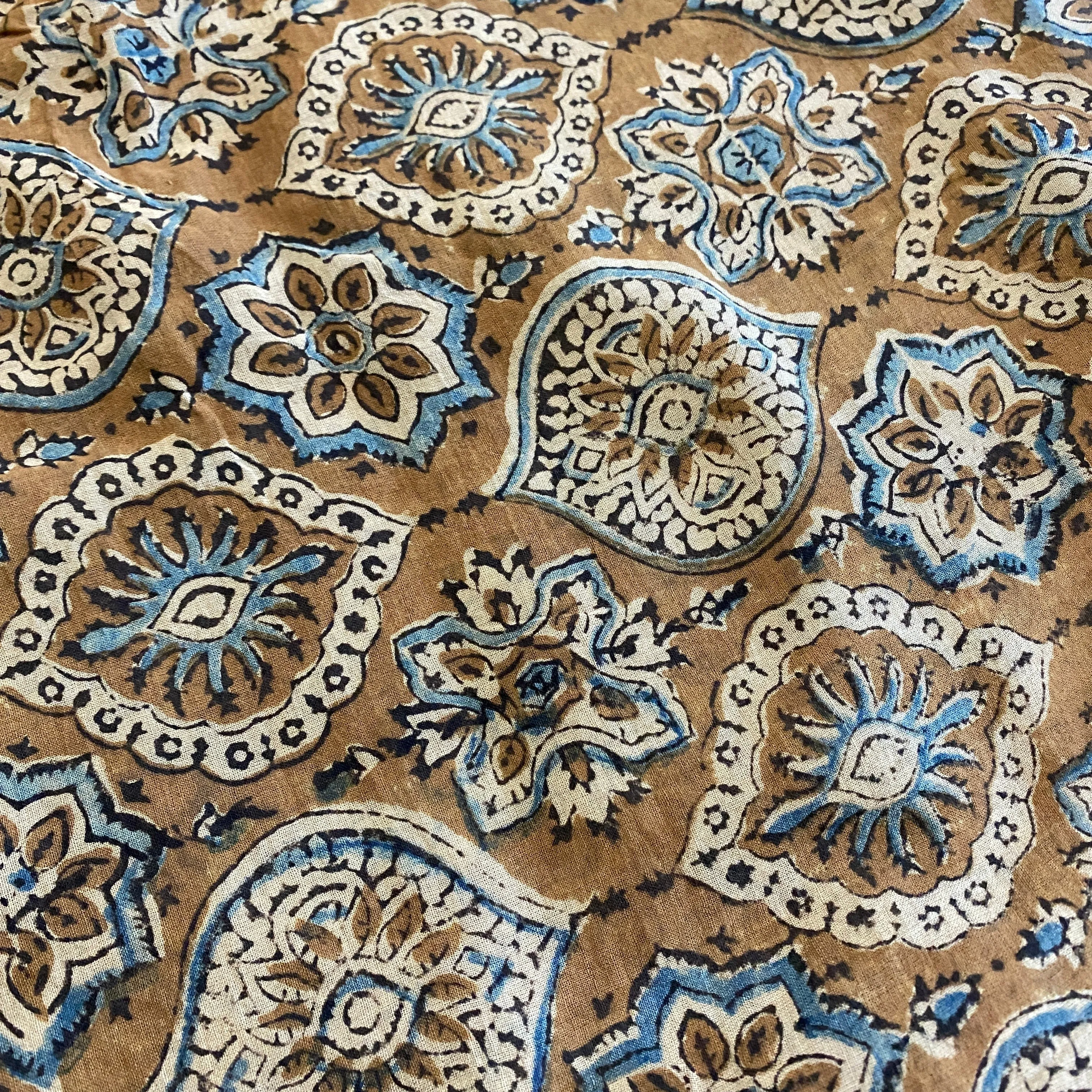 Brown/Blue/Tan Traditional Hand Block Print from India, Vegetable Dyes, Cotton, PIECE 45" x 2.75 Yards  #TK-32