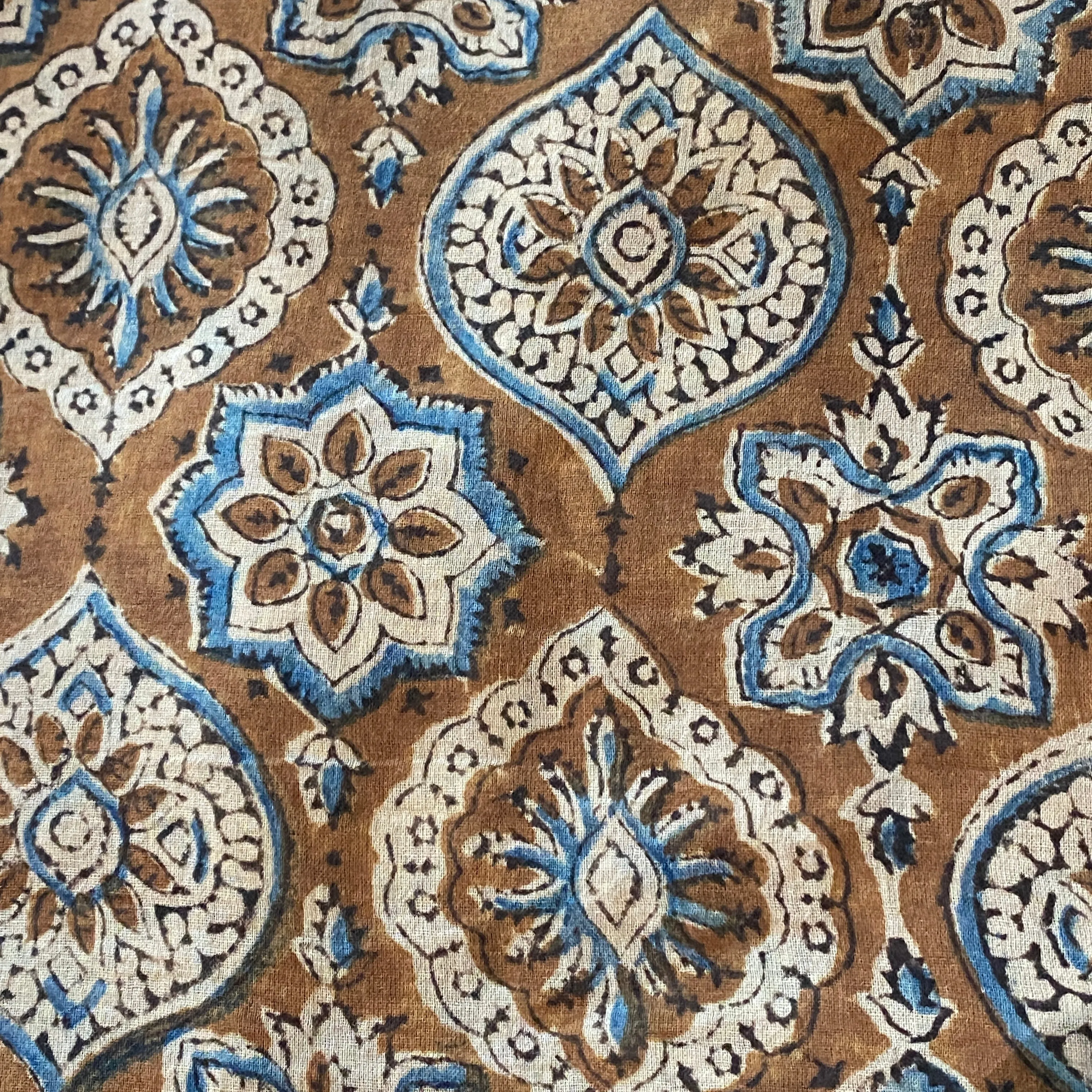 Brown/Blue/Tan Traditional Hand Block Print from India, Vegetable Dyes, Cotton, PIECE 45" x 2.75 Yards  #TK-32