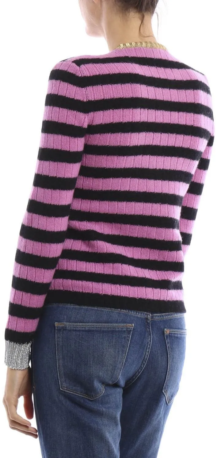 Cat Embroidered Striped Knit Sweater