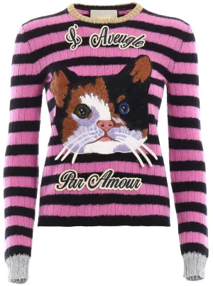 Cat Embroidered Striped Knit Sweater