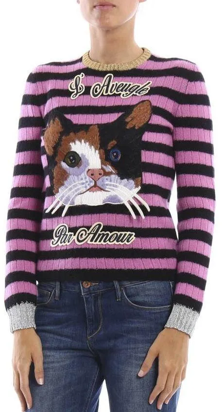 Cat Embroidered Striped Knit Sweater