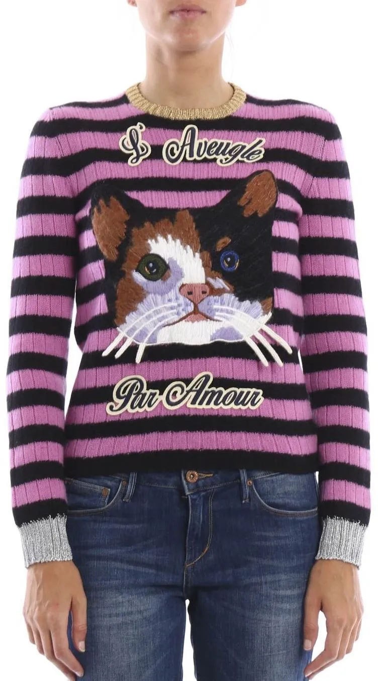 Cat Embroidered Striped Knit Sweater