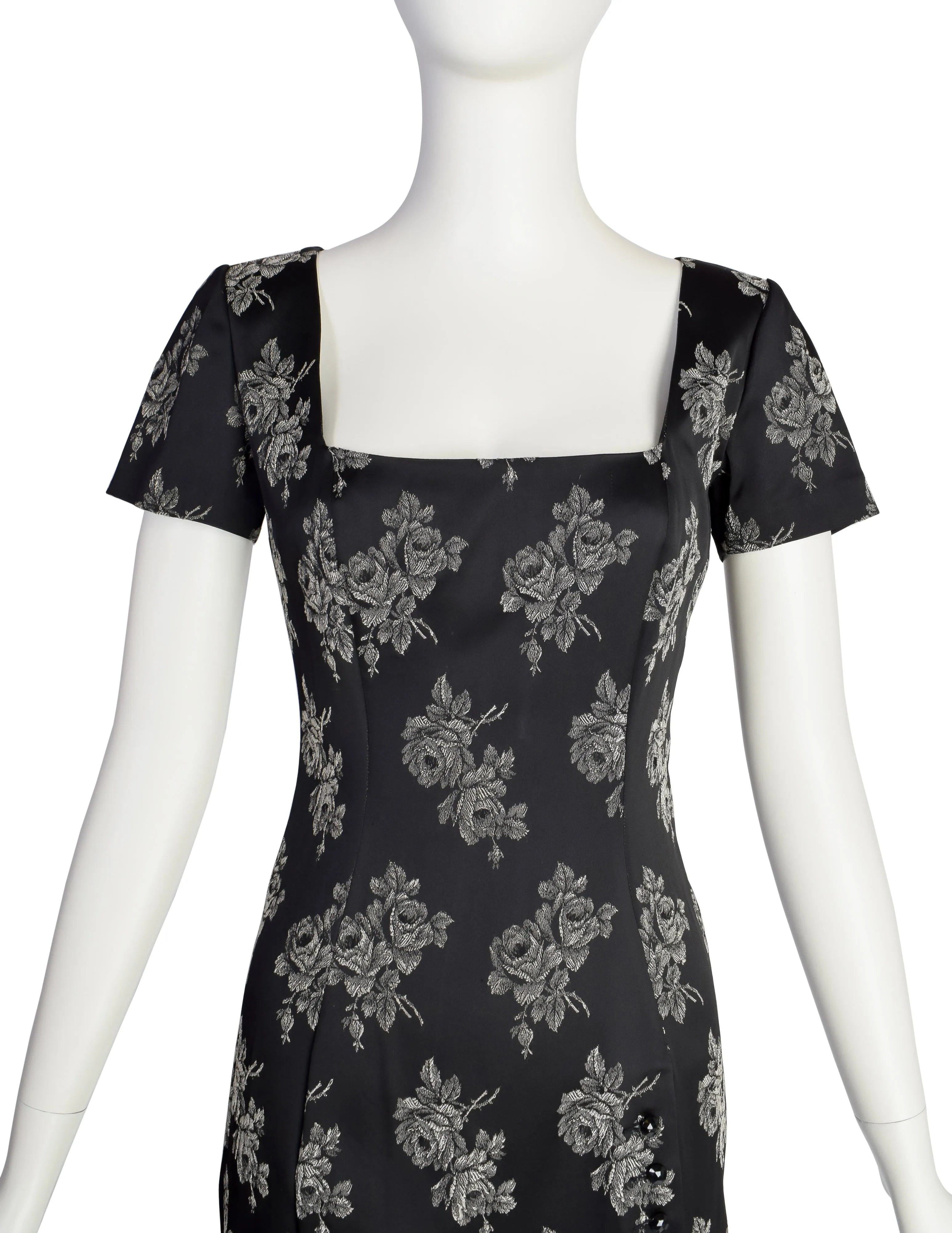 Chantal Thomass Vintage 1990s Black Grey Rose Floral Bodycon Mini Dress