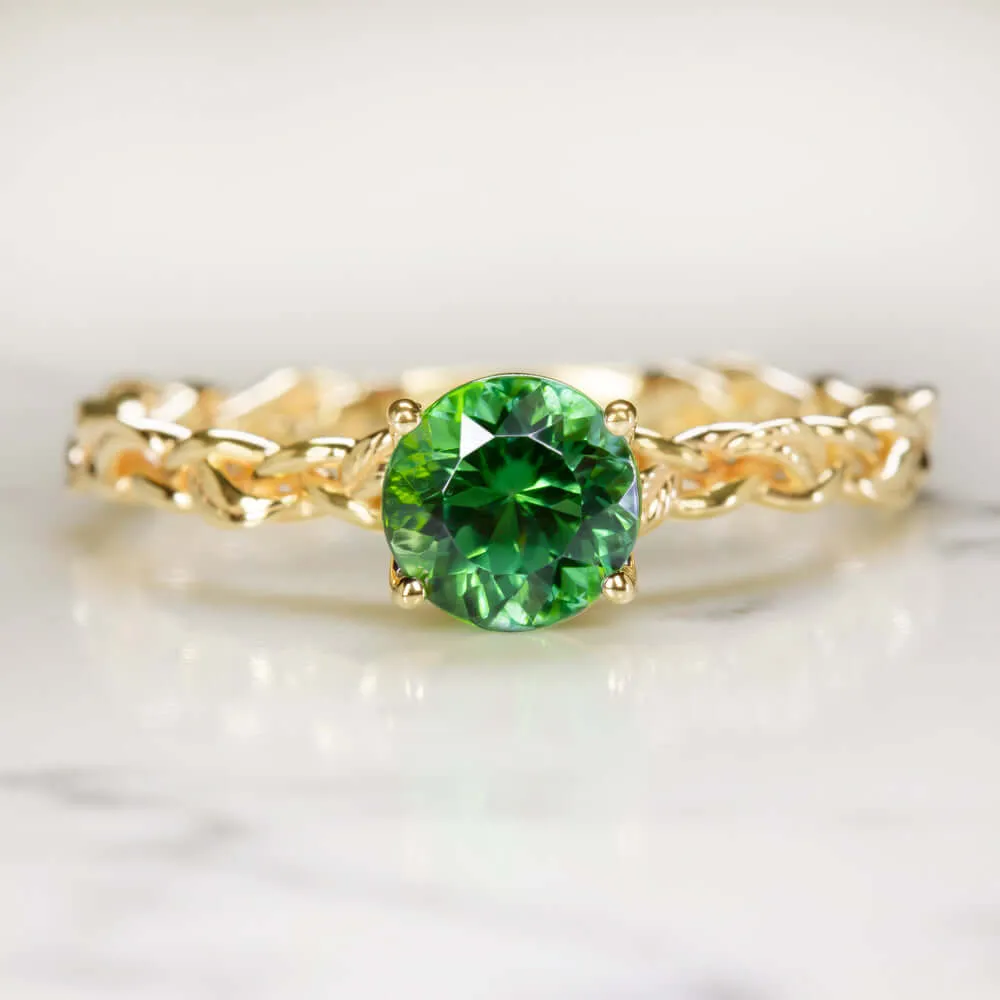 CHROME GREEN TOURMALINE 14K YELLOW GOLD RING VINE LEAF RUSTIC ORGANIC SOLITAIRE