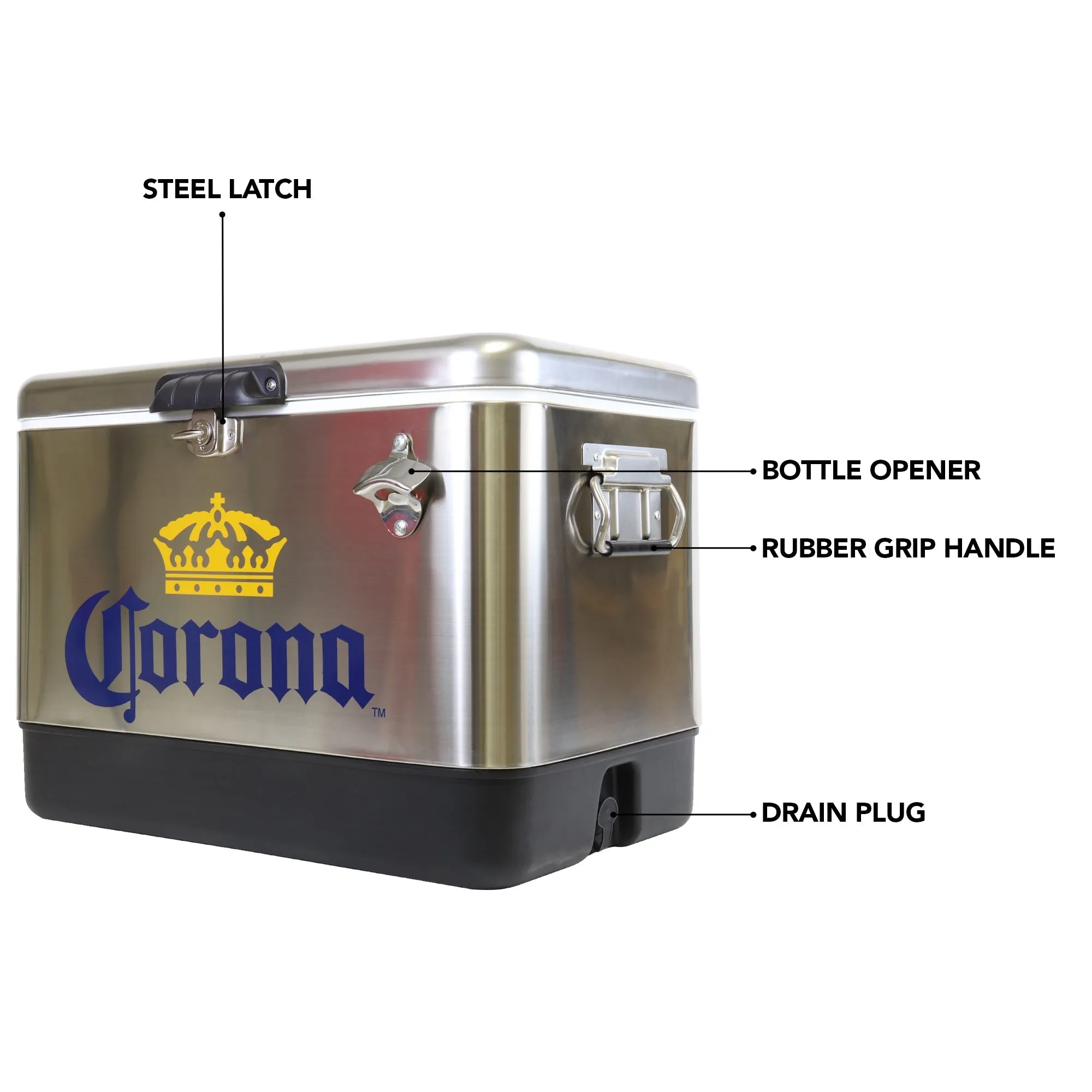 Corona Ice Chest Beverage Cooler with Bottle Opener, 51L (54 qt), 85 Can Stainless Steel Portable Cooler, Silver and Black, for Camping, Beach, RV, BBQs, Tailgating, Fishing