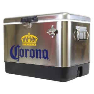 Corona Ice Chest Beverage Cooler with Bottle Opener, 51L (54 qt), 85 Can Stainless Steel Portable Cooler, Silver and Black, for Camping, Beach, RV, BBQs, Tailgating, Fishing