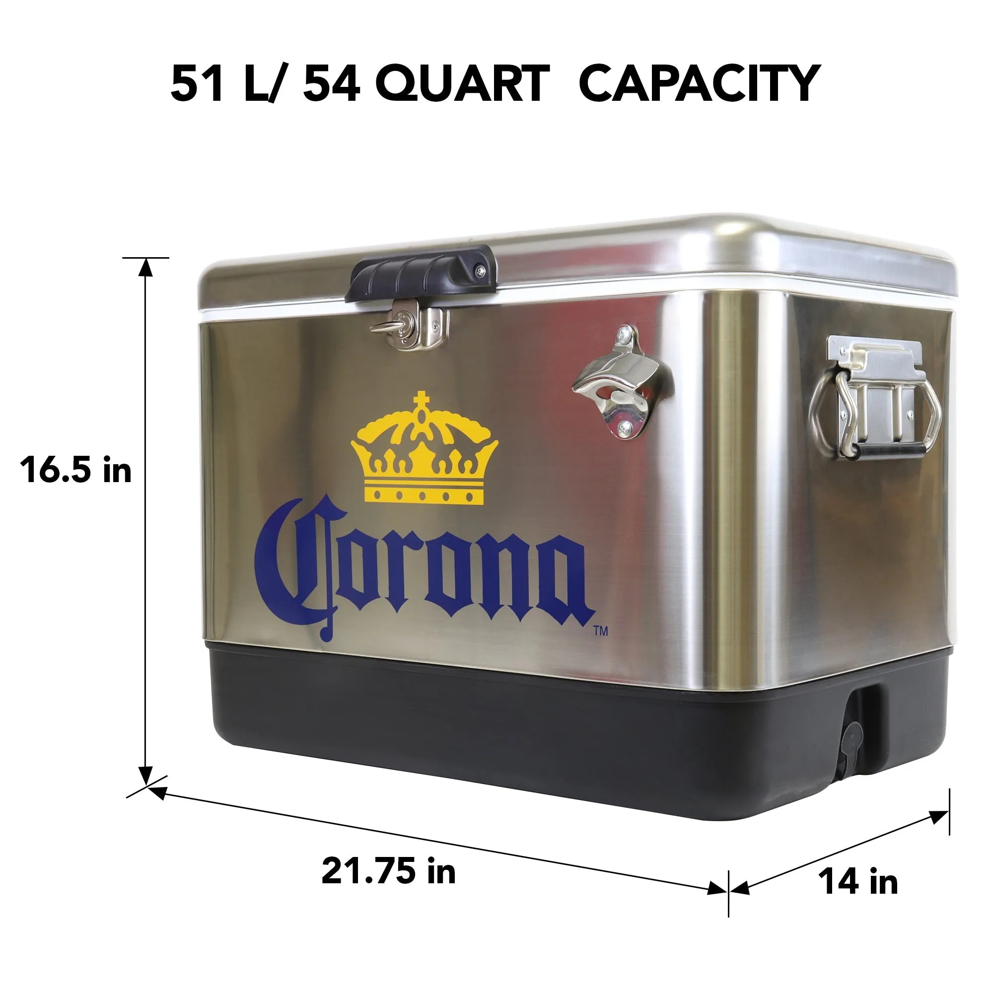 Corona Ice Chest Beverage Cooler with Bottle Opener, 51L (54 qt), 85 Can Stainless Steel Portable Cooler, Silver and Black, for Camping, Beach, RV, BBQs, Tailgating, Fishing