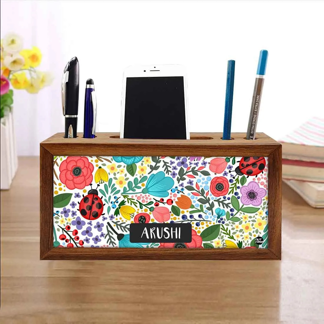 Customized Wooden Table Organizer - Floral Name