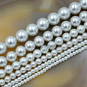 Czech White Satin Luster Glass Pearl Round Beads on a 15.5" Strand