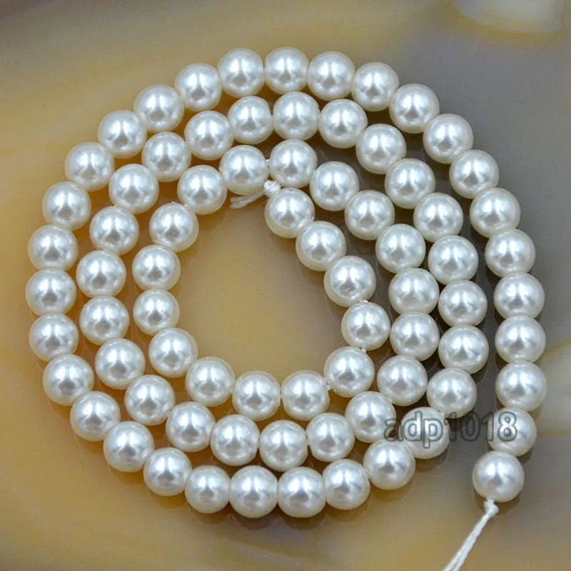 Czech White Satin Luster Glass Pearl Round Beads on a 15.5" Strand