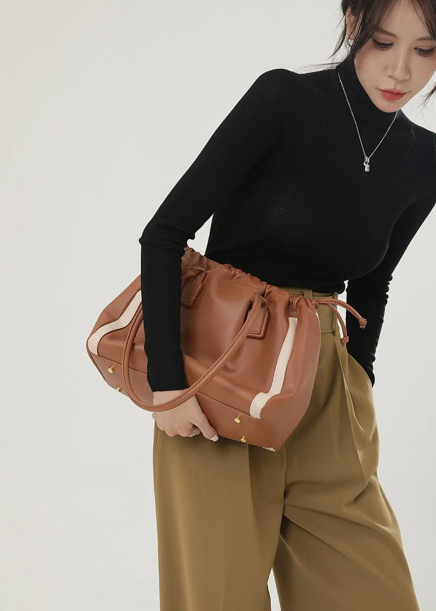 Drawstring Striped Leather Tote Bag