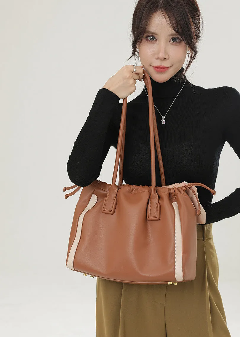 Drawstring Striped Leather Tote Bag