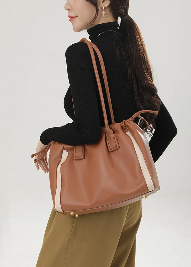 Drawstring Striped Leather Tote Bag