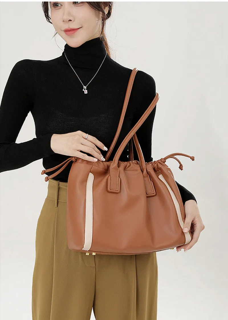 Drawstring Striped Leather Tote Bag