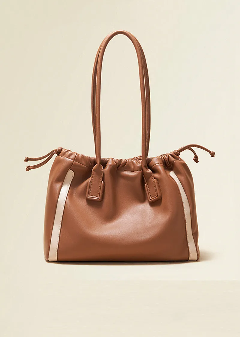 Drawstring Striped Leather Tote Bag