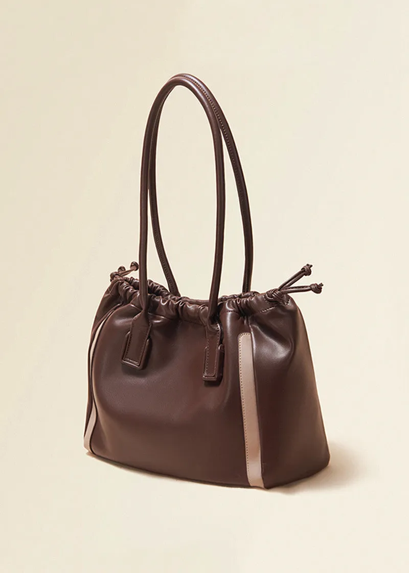 Drawstring Striped Leather Tote Bag