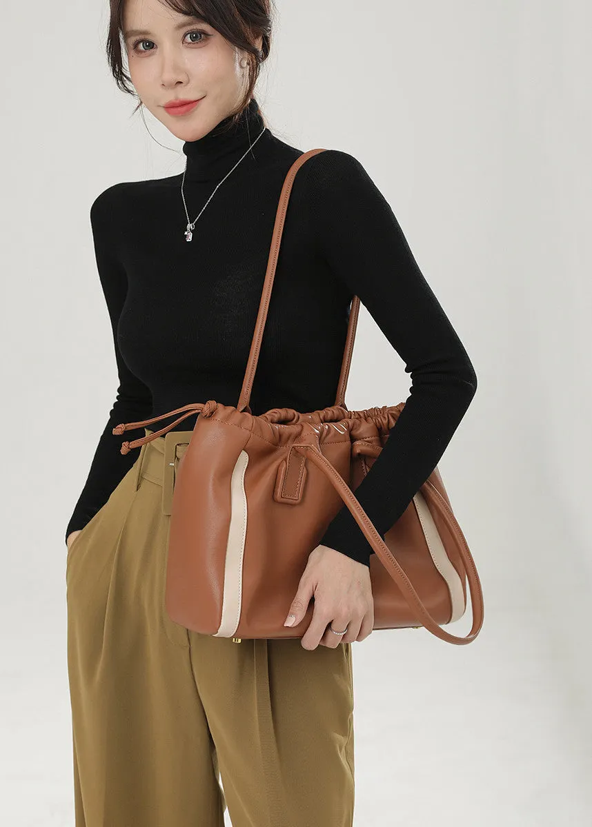 Drawstring Striped Leather Tote Bag